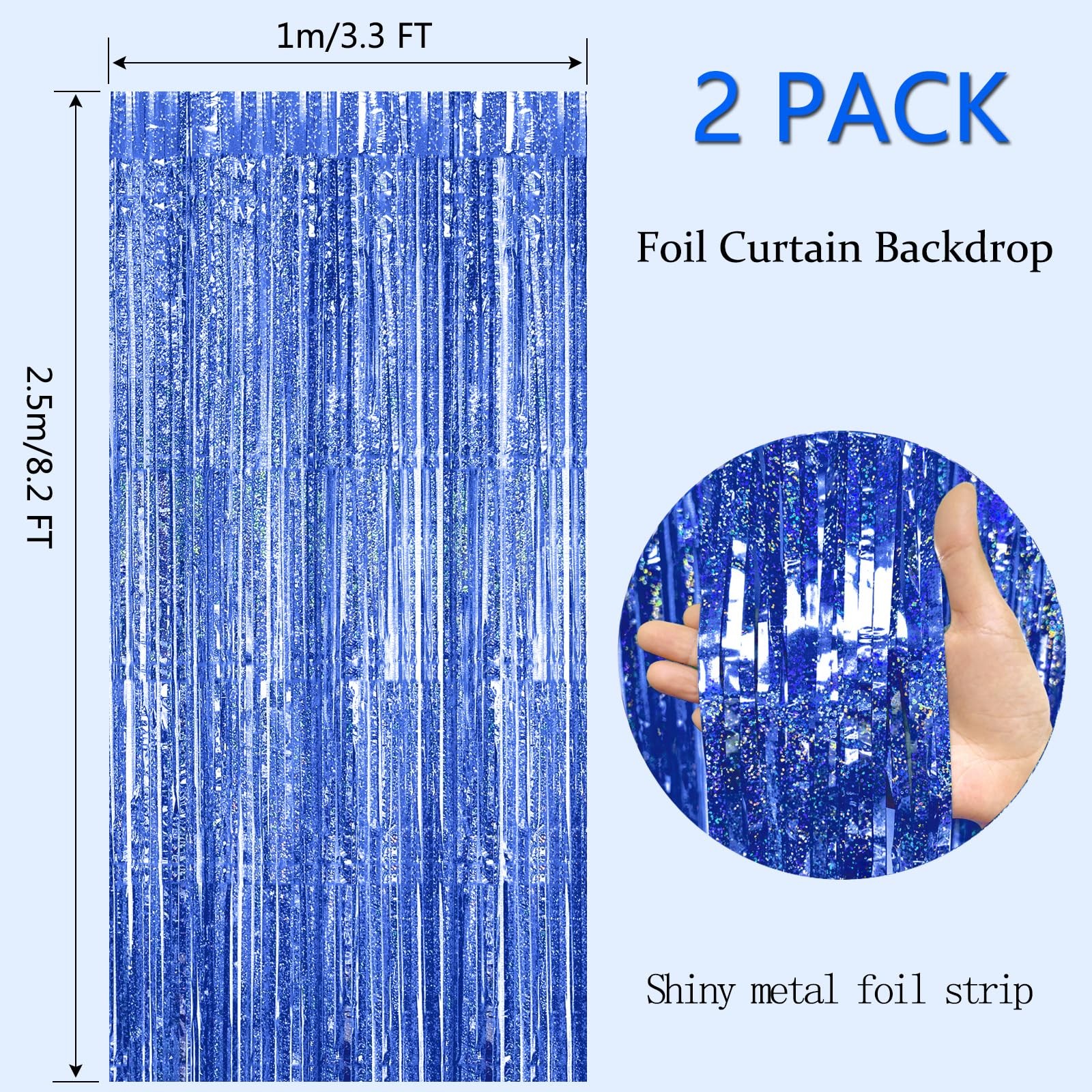 2 PCS 3.3×8.2 Ft Blue Foil Fringe Curtains Birthday Party Streamers Backdrop
