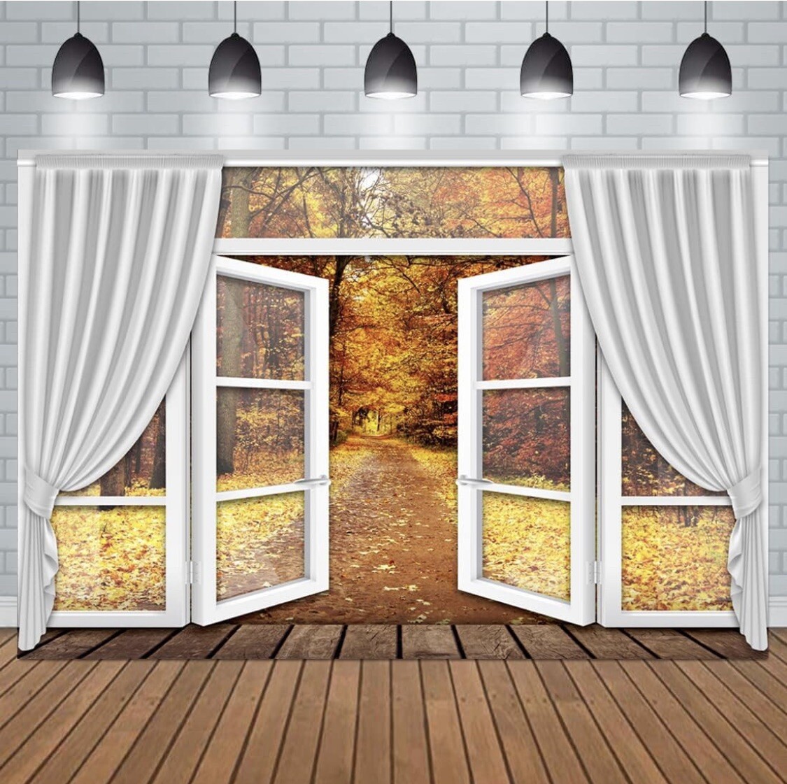 Autumn Forest Photography Backdrop 7 X5 Ft White French Window Curtain Fall Land
