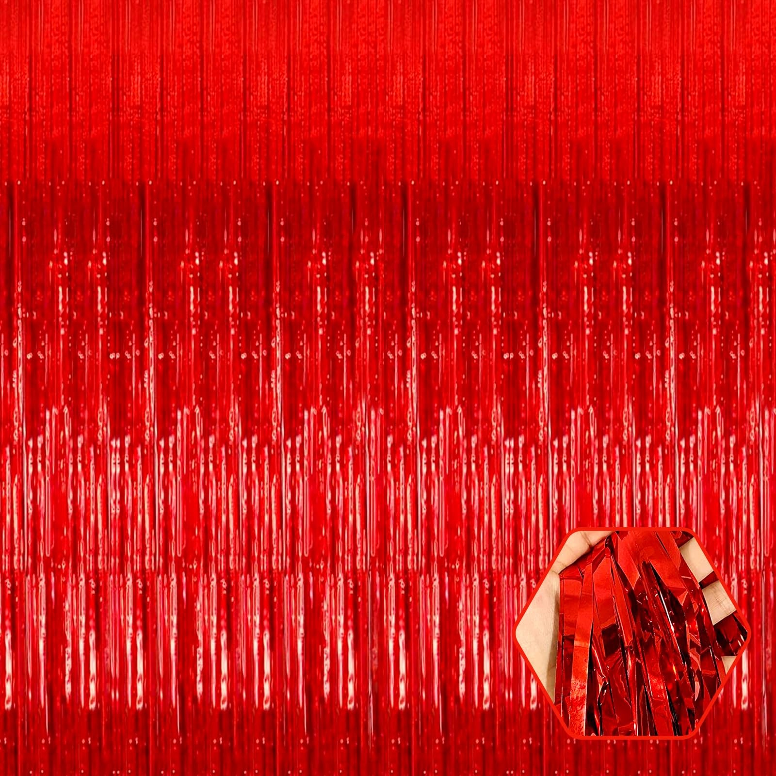 Red Metallic Tinsel Foil Fringe Curtains Party Photo Backdrop 8.2ft 3 PK