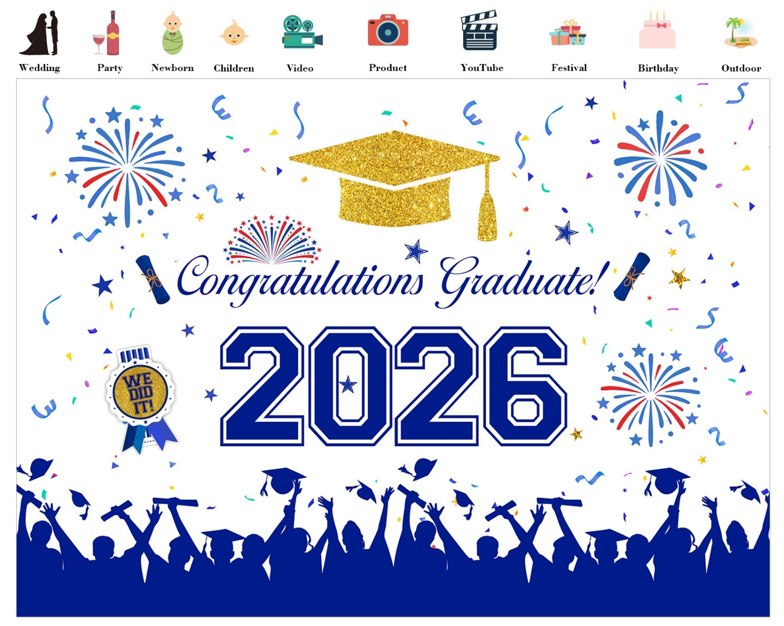 10x8ft Graduation 2026 Backdrop Banner Blue Gold Congrats Grad Photo Background