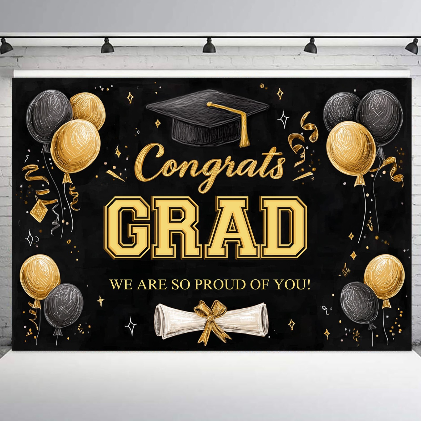 10x8ft Black and Gold Graduation Backdrop Banner Bachelor’s Cap Photo Background