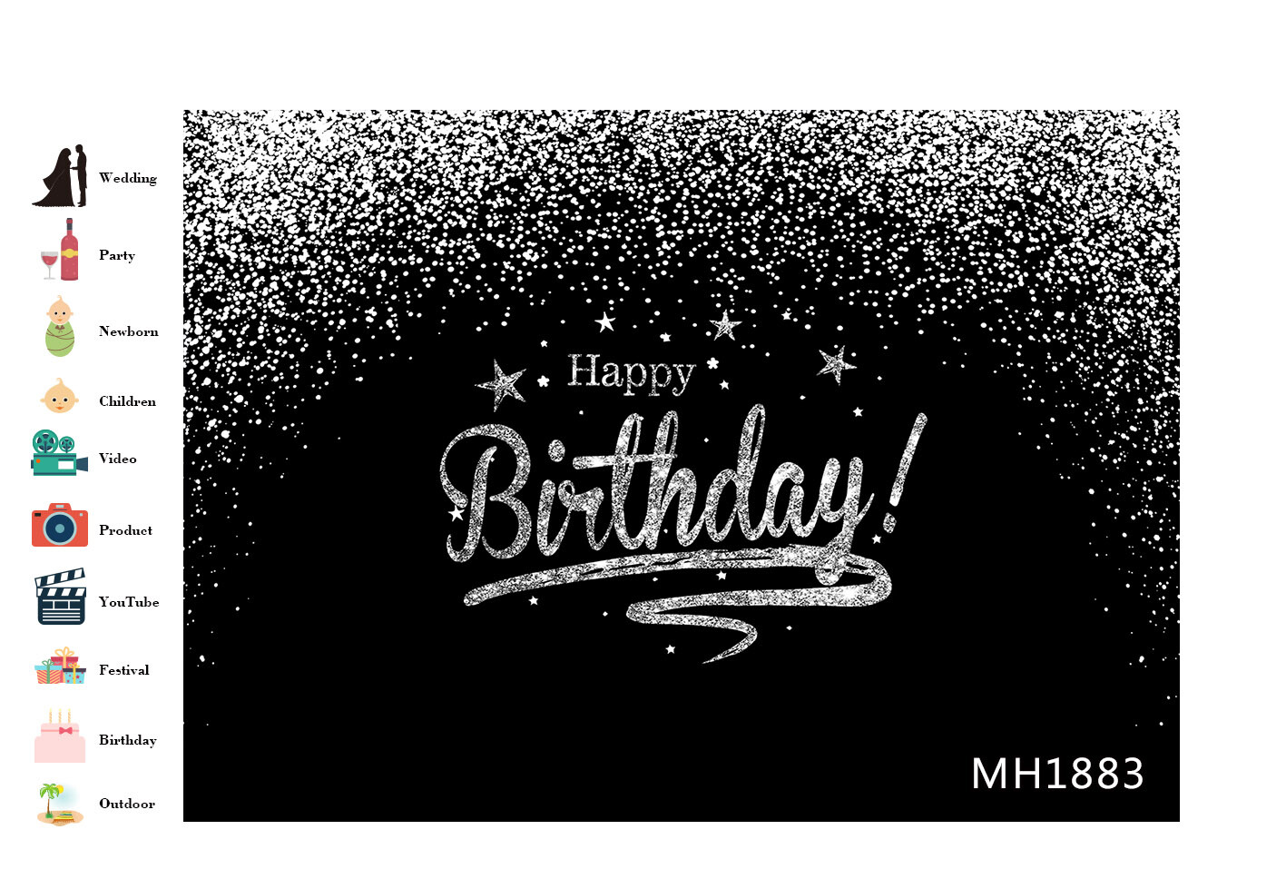 Happy Birthday Silver Stars Black & White 7x5ft Vinyl Backdrop Photo Background