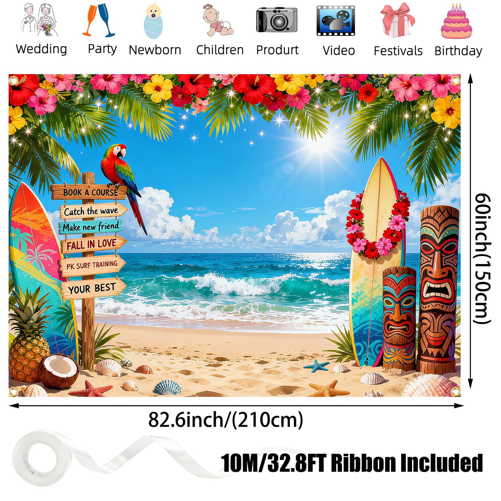 7x5FT Summer Hawaiian Beach Backdrop Tropical Ocean 7x5FT,