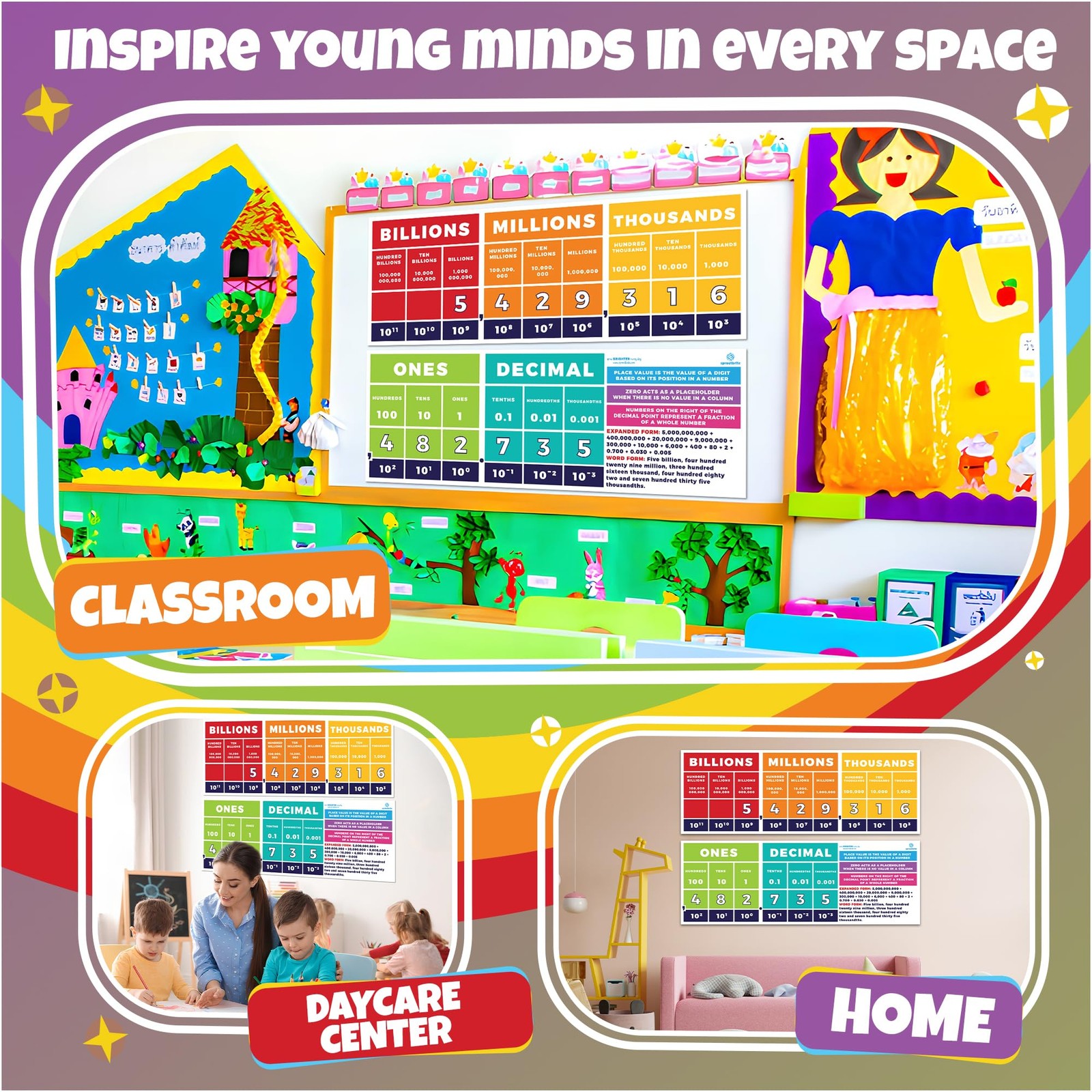 2 Pack 13.5″x39″ Educational Math Place Value Posters – Large Mathematics Pla…