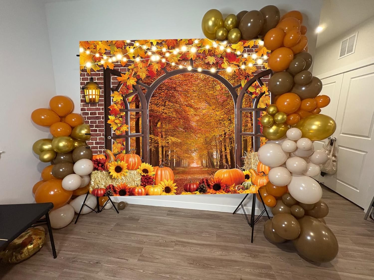 10x8FT Fall Window Backdrop Autumn Harvest Pumpkins Maple Leaves Vinyl Photo