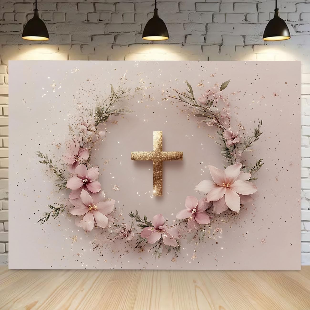 God Bless Baptism Photography Background Pink Floral Gold Backdrop 7x5ft