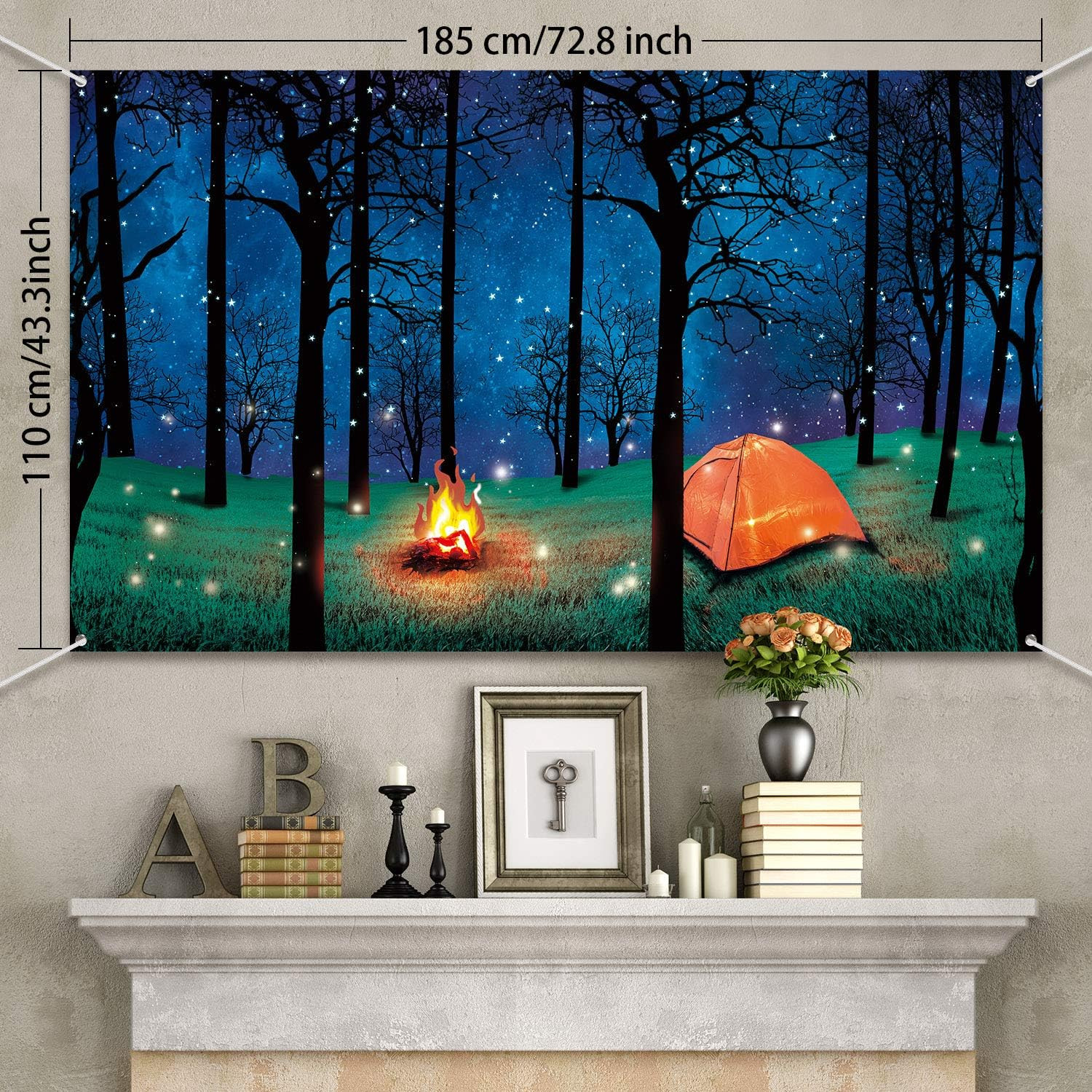 Forest Camping Backdrop 6.1 x3.6ft Campfire Tent Forest Scene Photo Party Banner