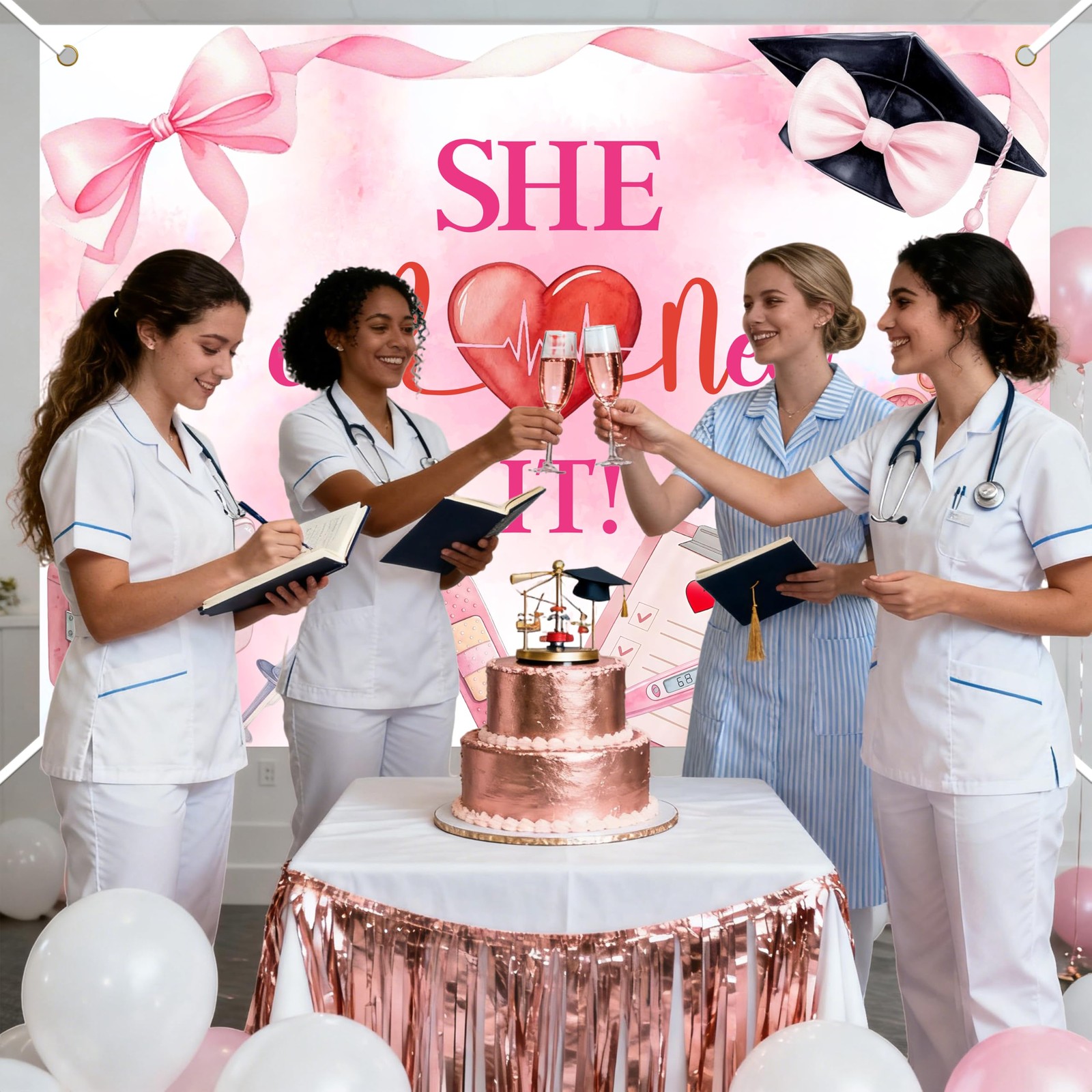 She Earned It Backdrop Class of 2025 Nurse RN Graduation Rose Gold Party Pro