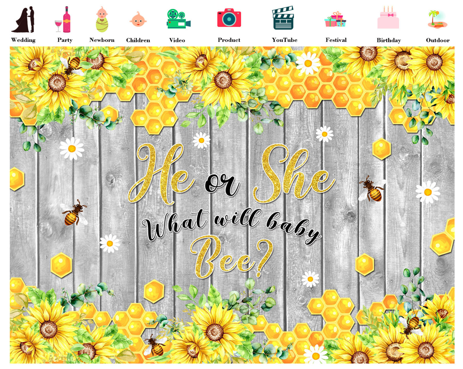 10x8ft Bee Daisy Yellow Sunflower Gender Reveal Photo Background Studio Props