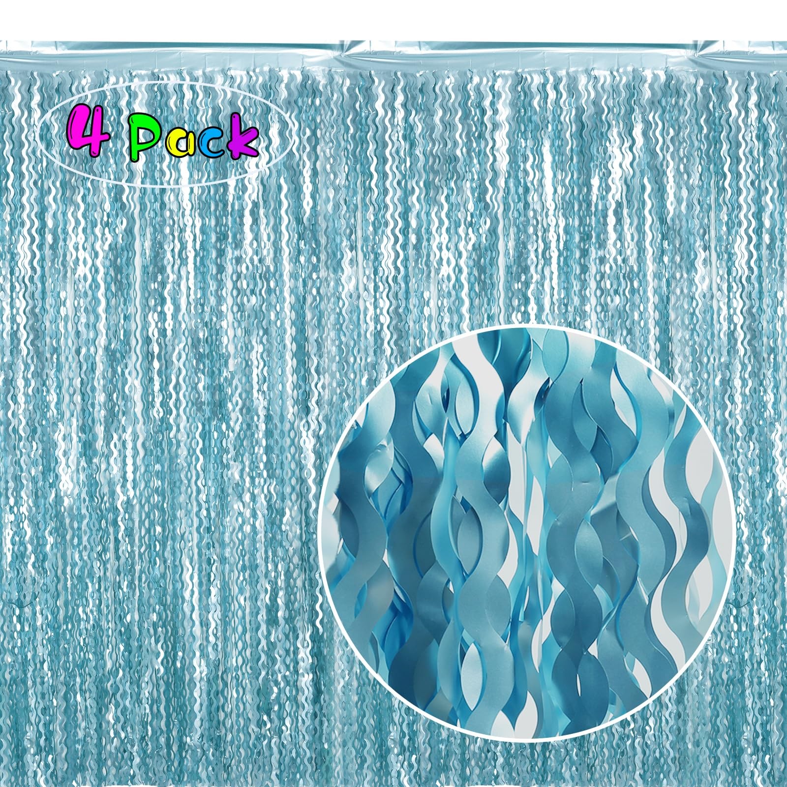 4 Pack Wavy Blue Foil Fringe Curtain 3.3×6.6 Feet | 3.3ft*6.6ft,