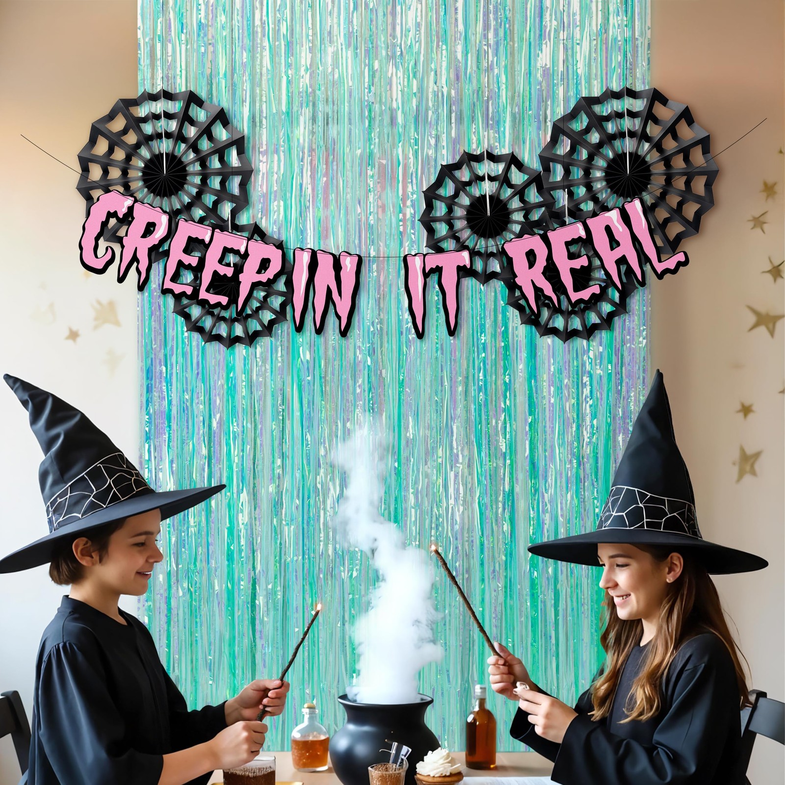 Cyan Summerween Spider Backdrop Banner Party Decorations Pastel Foil Hallowee…