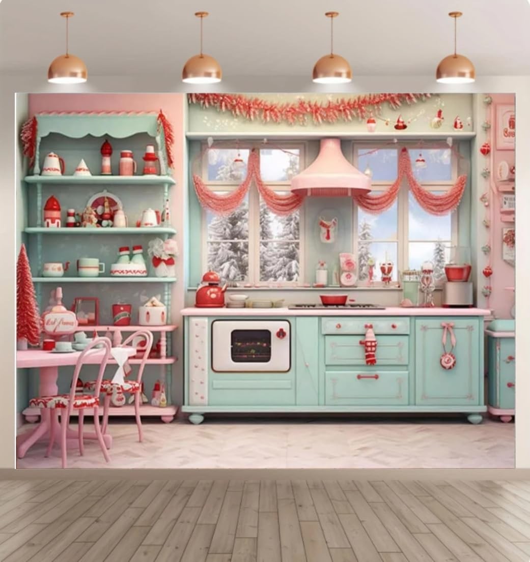 Winter Christmas Kitchen Photography Backdrop Indoor Window Photo 7×5 Ft