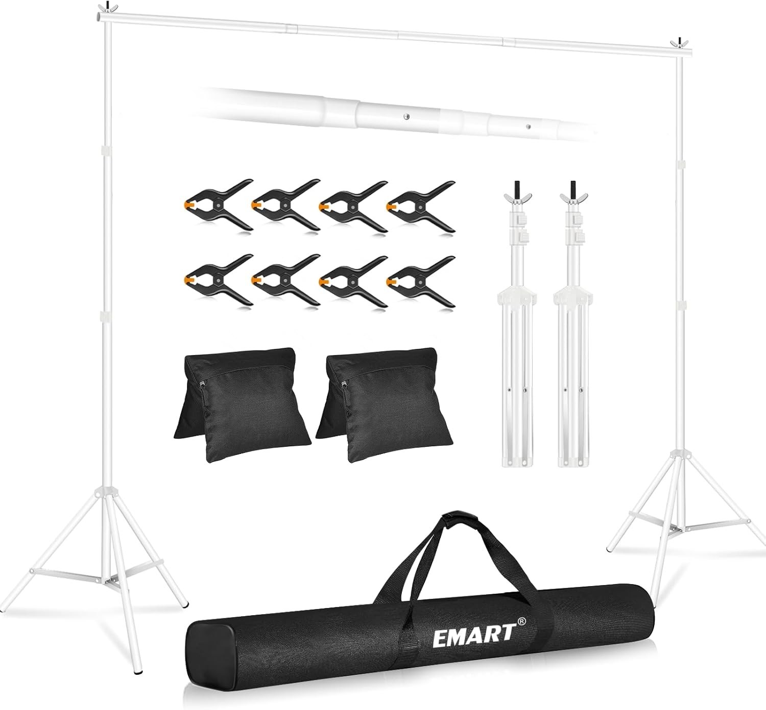 Adjustable Backdrop Stand 10×8.5ft Kit with Crossbars, Clamps & Sandbags – White