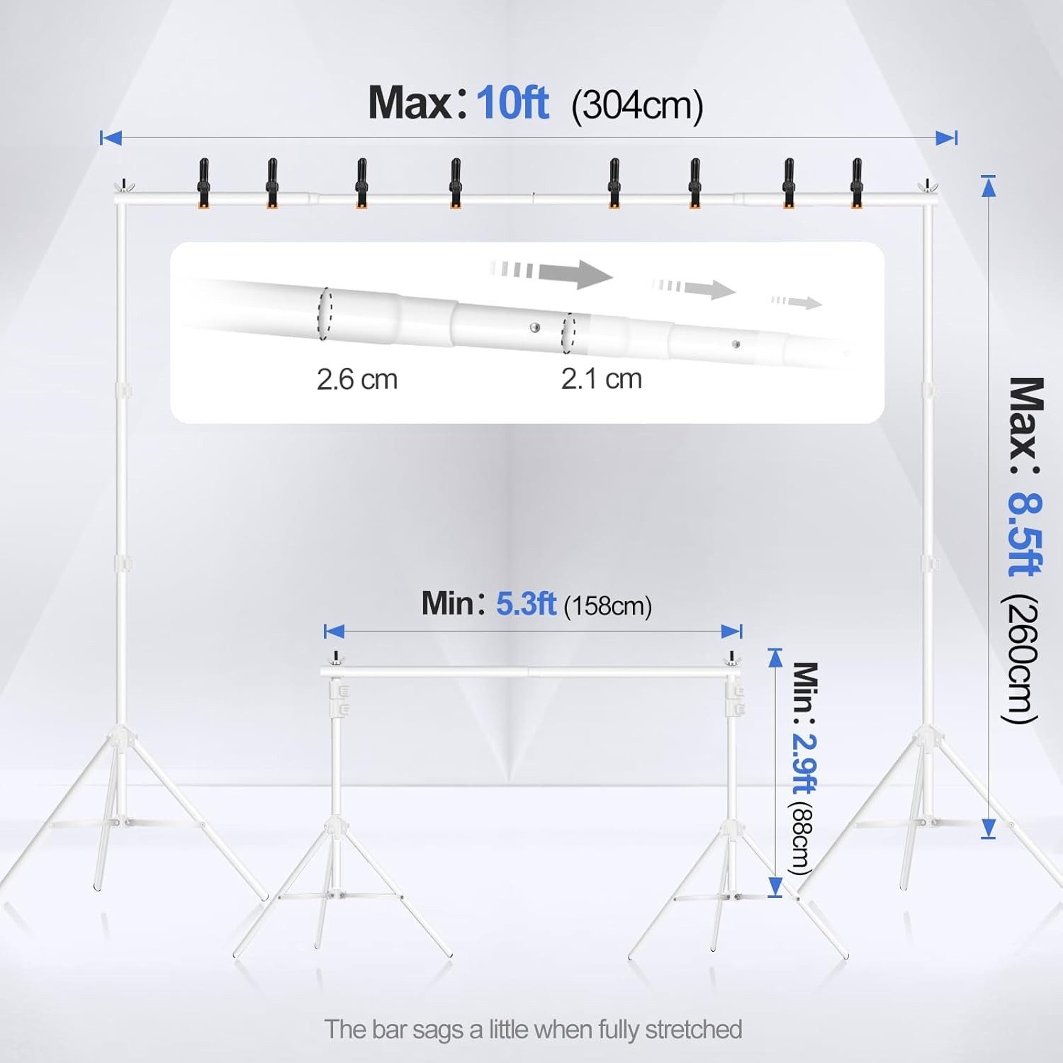 Adjustable Backdrop Stand 10×8.5ft Kit with Crossbars, Clamps & Sandbags – White