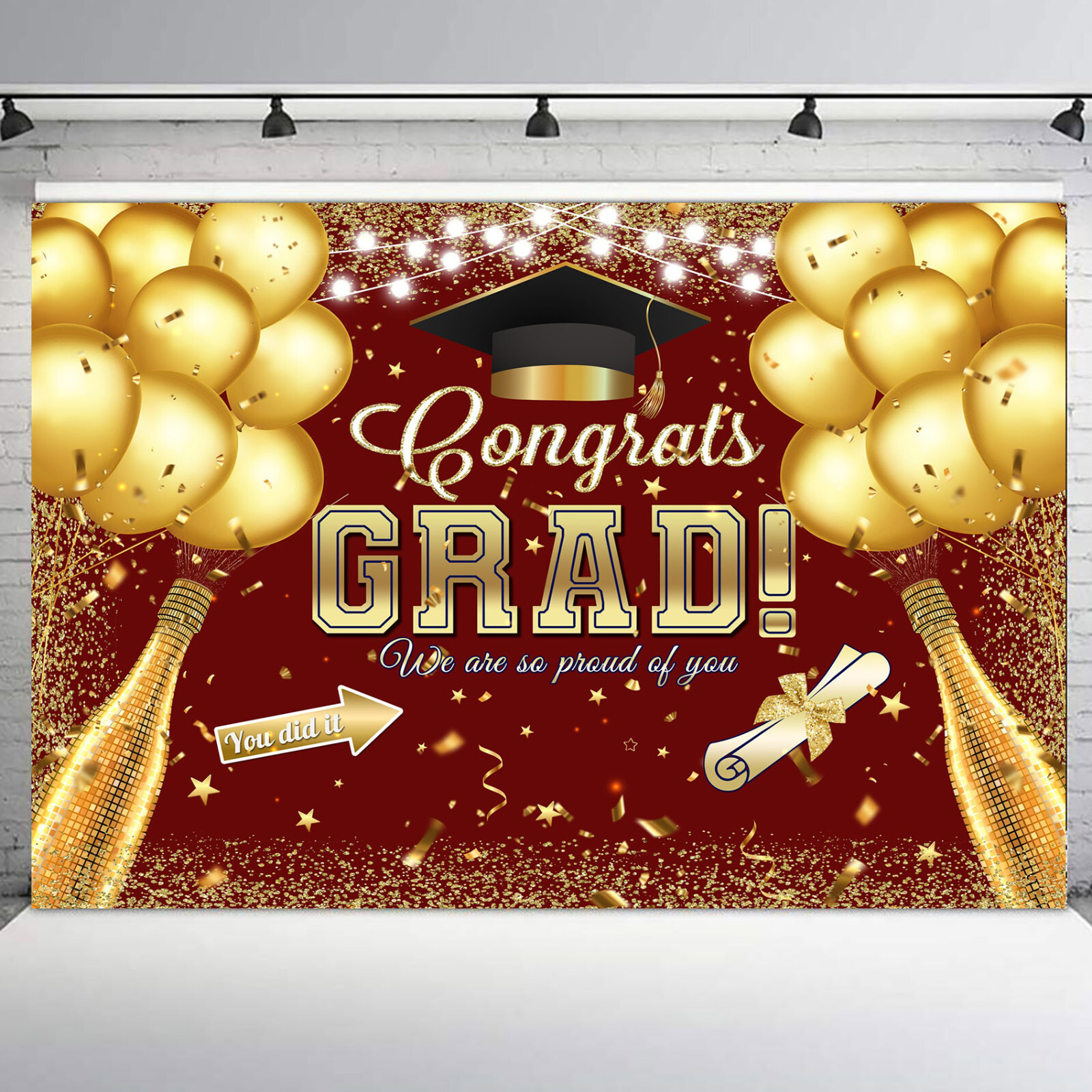 10x8ft Gold Balloon Happy Graduation Party Red Photo Background Studio Props