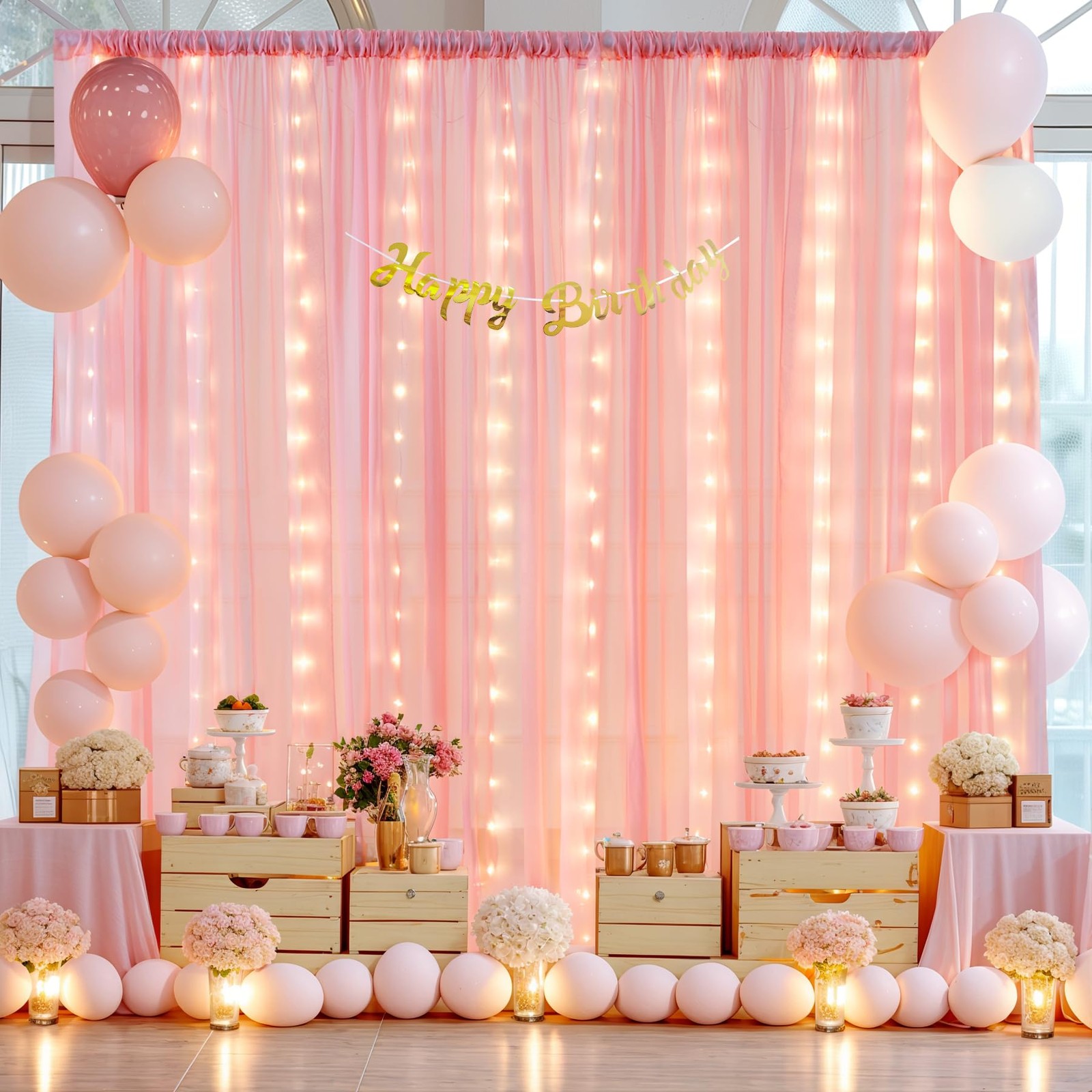 2 Panels 10×10 Ft Baby Pink Backdrop Curtain Lights String Wedding Photo