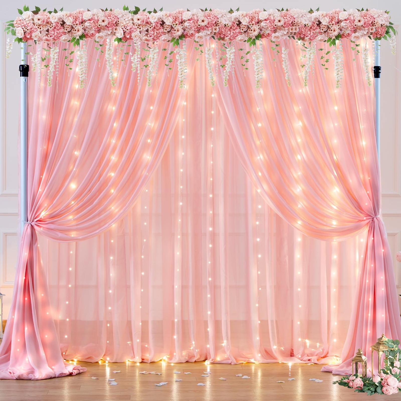 2 Panels 10×10 Ft Baby Pink Backdrop Curtain Lights String Wedding Photo