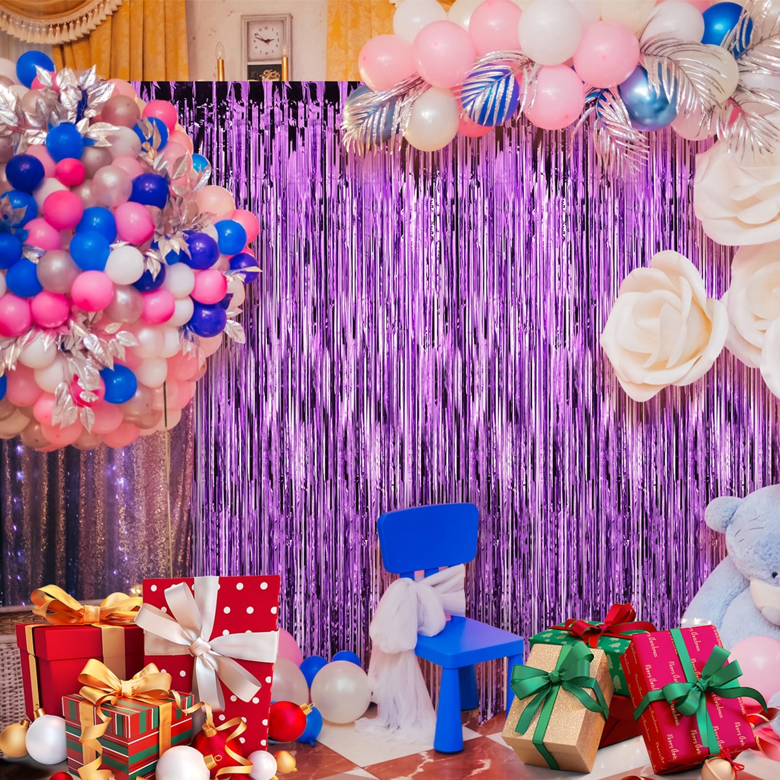 Purple Foil Fringe Curtains 4 Pack Tinsel Backdrop for Party Decorations