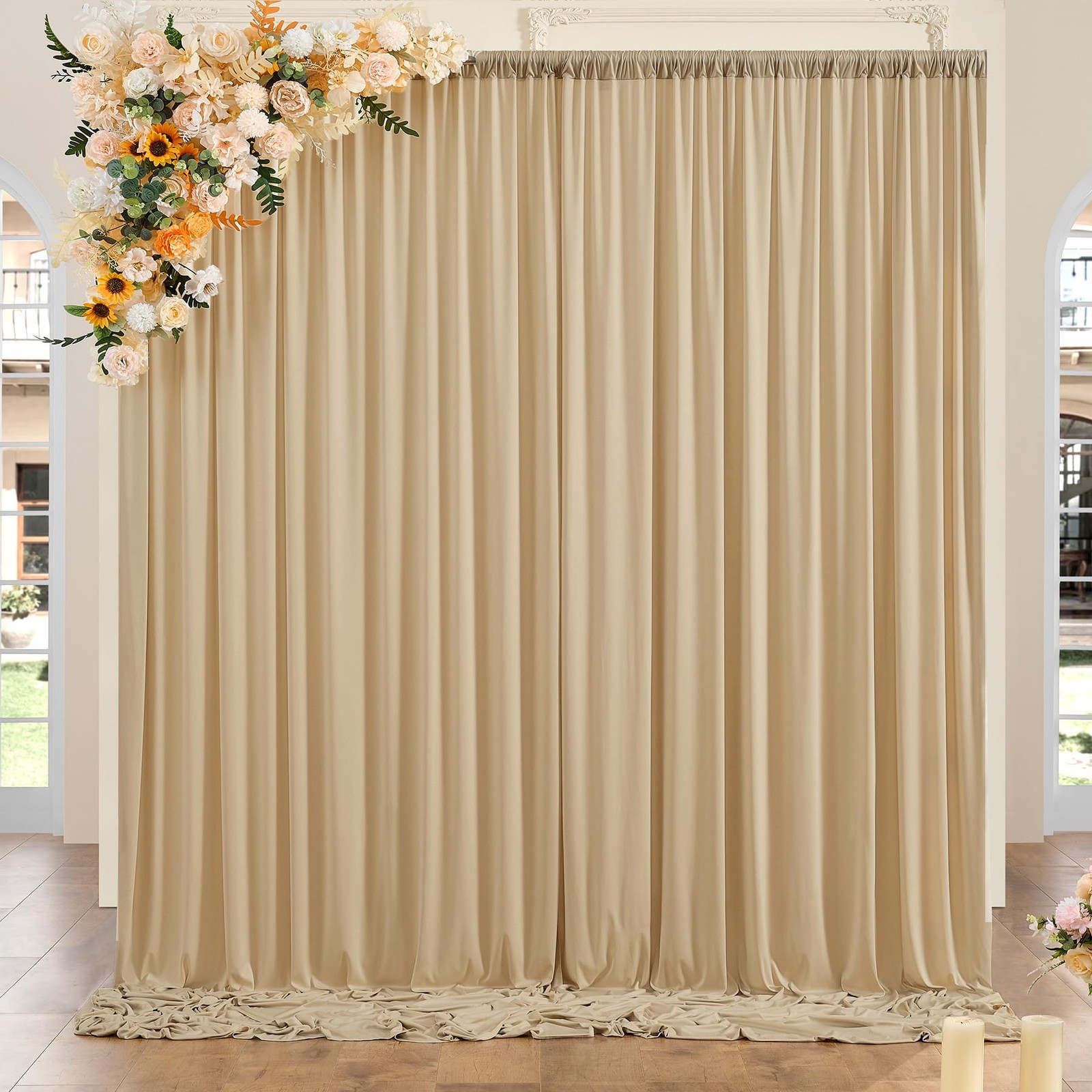 10×10 ft Beige Backdrop Curtains 2 Panels 5×10 ft Wrinkle Free Polyester
