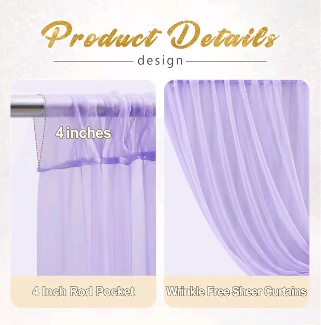 30x8ft Purple Tulle Backdrop Curtain with Lights String for Parites, Sheer Photo