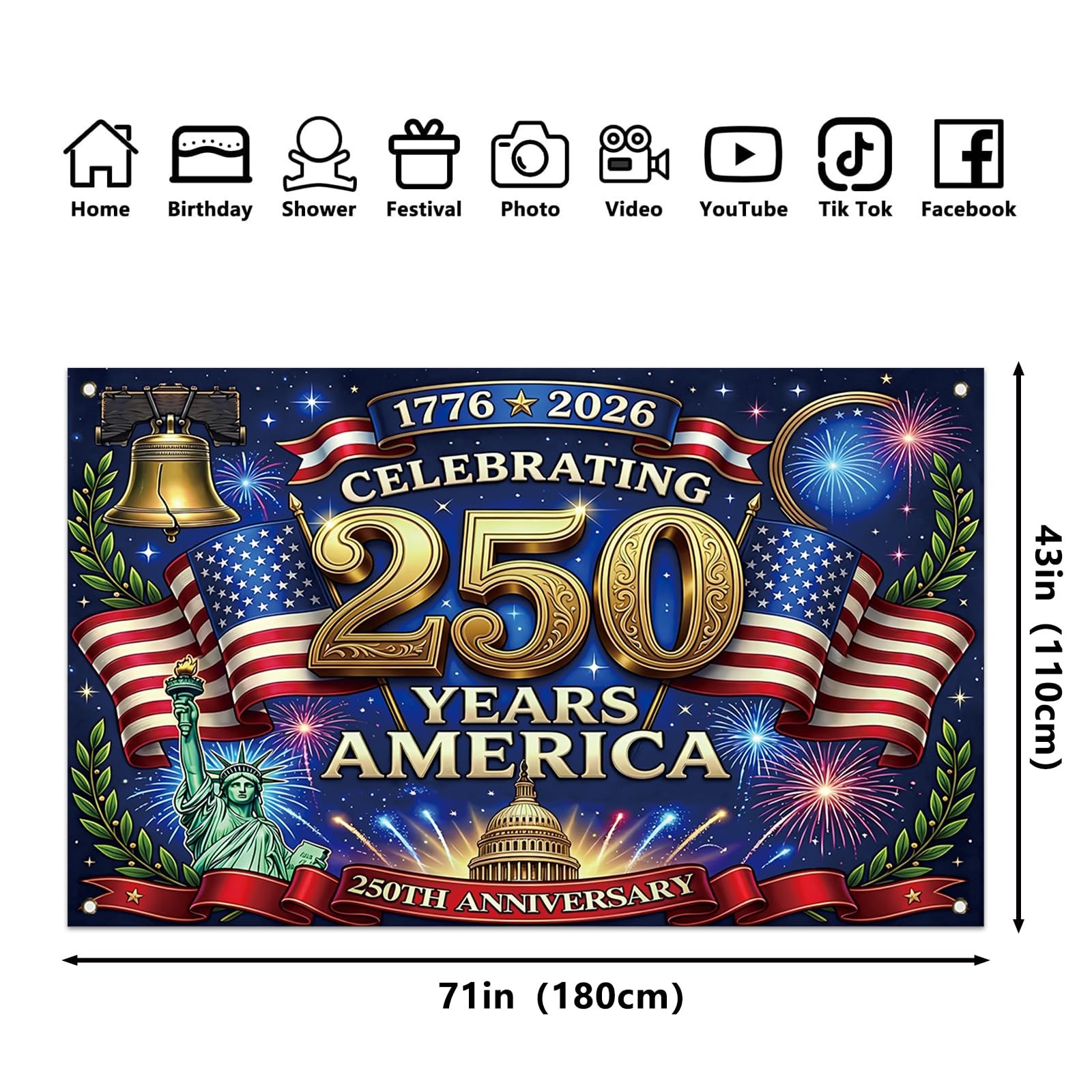 Large 250th Anniversary Flag Backdrop 1776-2026 4th of July Patriotic Banner