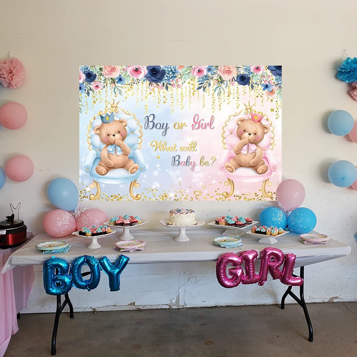 7x5Ft Boho Bear Gender Reveal Backdrop Pink Blue Baby Shower Photo Booth Banner