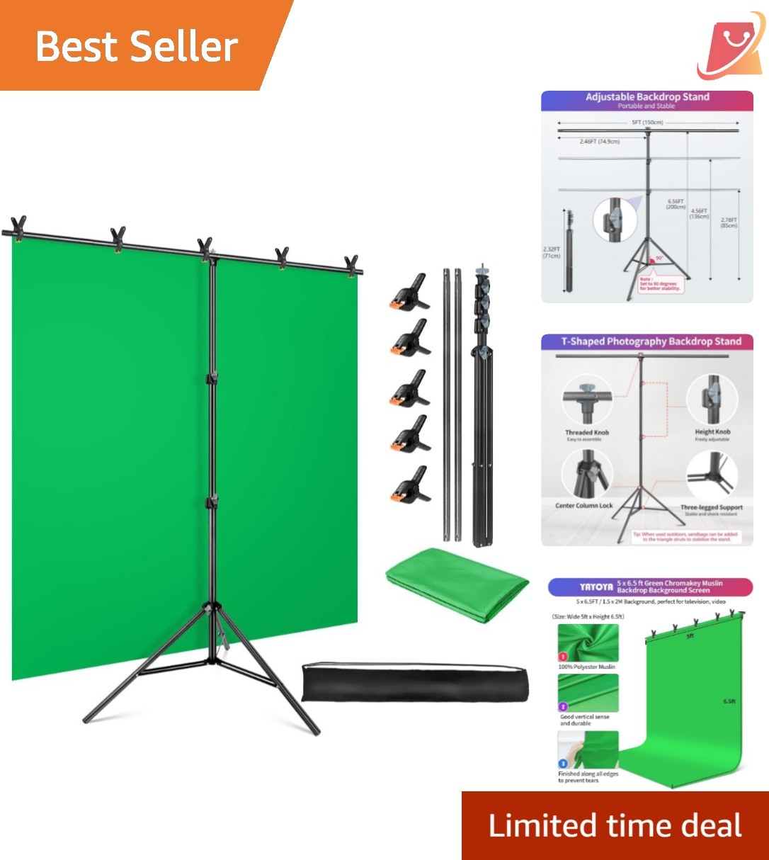 Green Screen Backdrop Kit 5×6.5ft Portable Chromakey Stand and Clamps for Str…