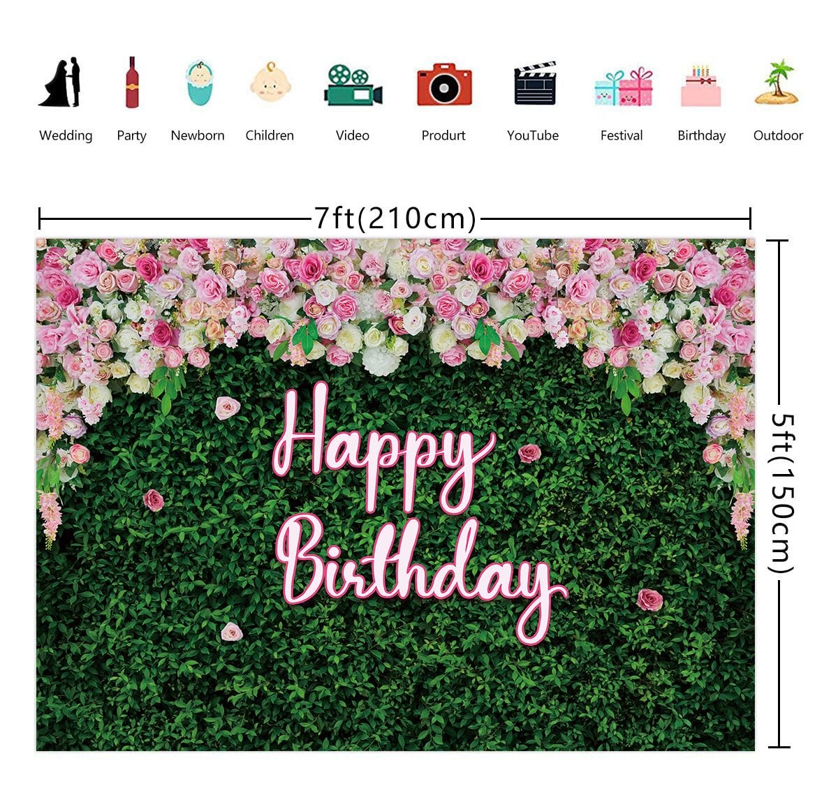 7x5ft Green Leaves Pink Rose Floral Wall Girl Birthday Photo Backdrop
