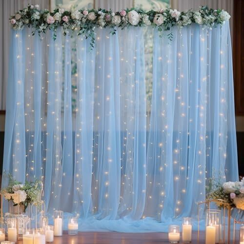 10×10 Blue Tulle Backdrop Curtains for Parties Sheer Backdrop Curtain Wedding…
