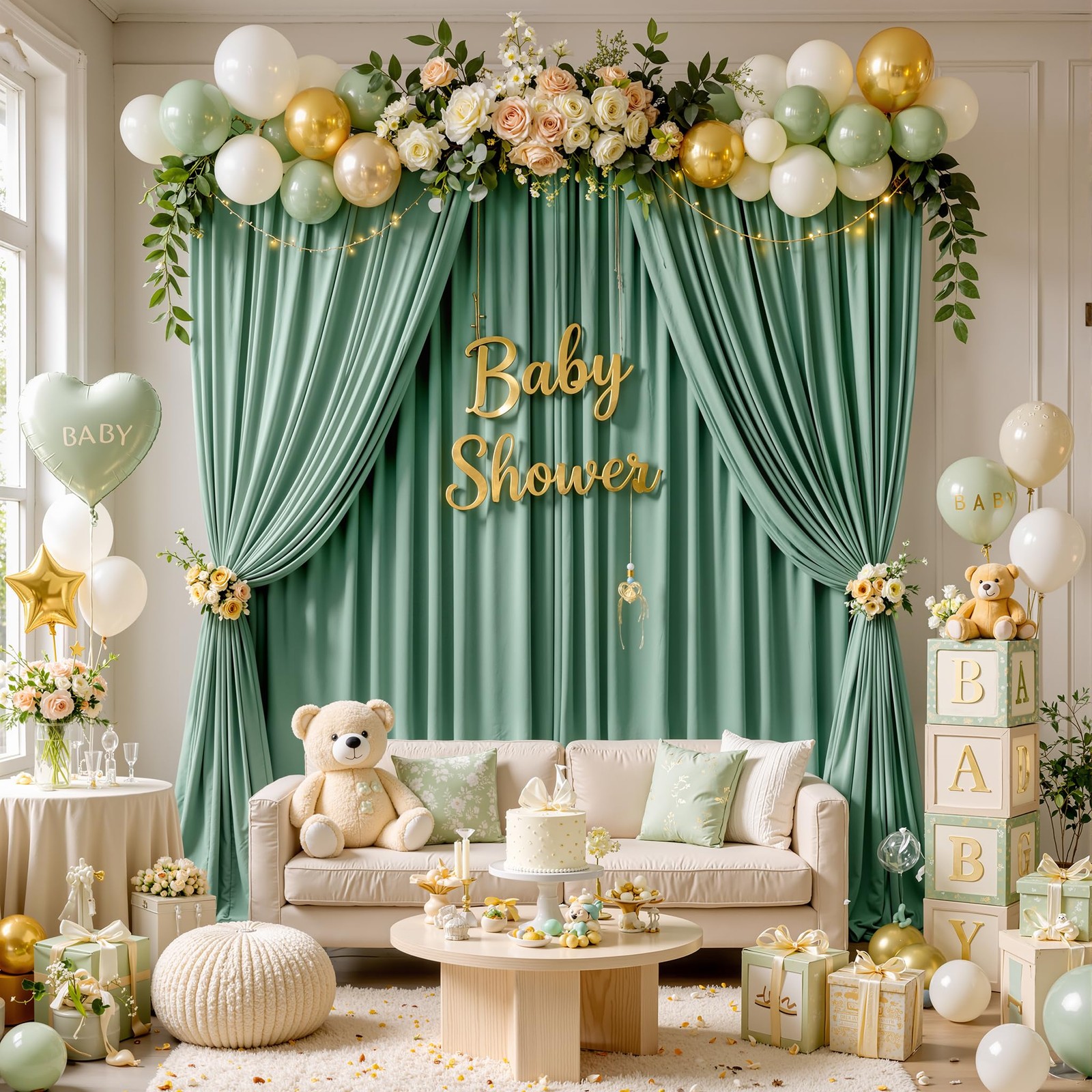 50ft x 15ft Grayish Green Backdrop Curtains 5FT×15FT_10 Panels,