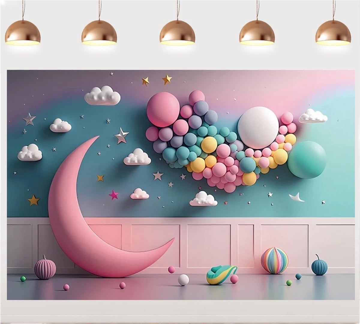 Vinyl Baby Girls Princess 1st Birthday Backdrop Moon and Starry Clouds 8x6Ft