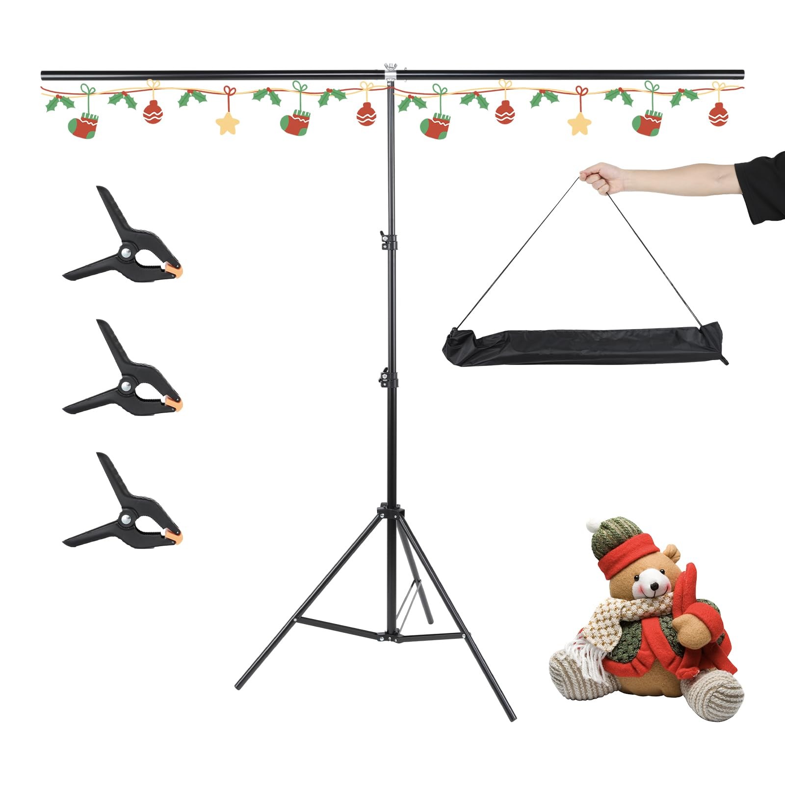 5×6.6 ft T-Shape Backdrop Stand, with 5 Clip Clamps & Carry Bag