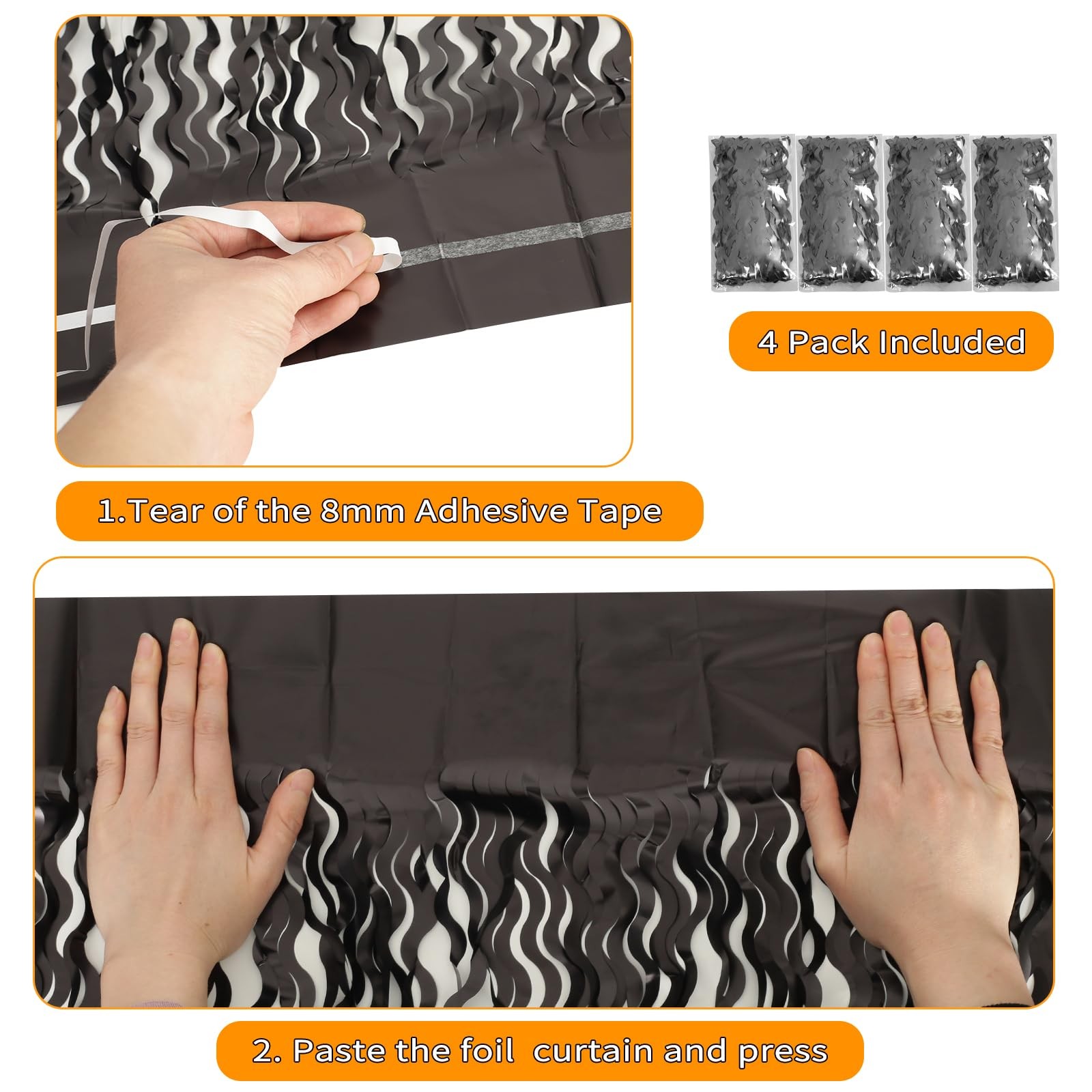 4 Pack 3.3×6.6 Ft Black Foil Fringe Curtains Party Decor Streamer Backdrop