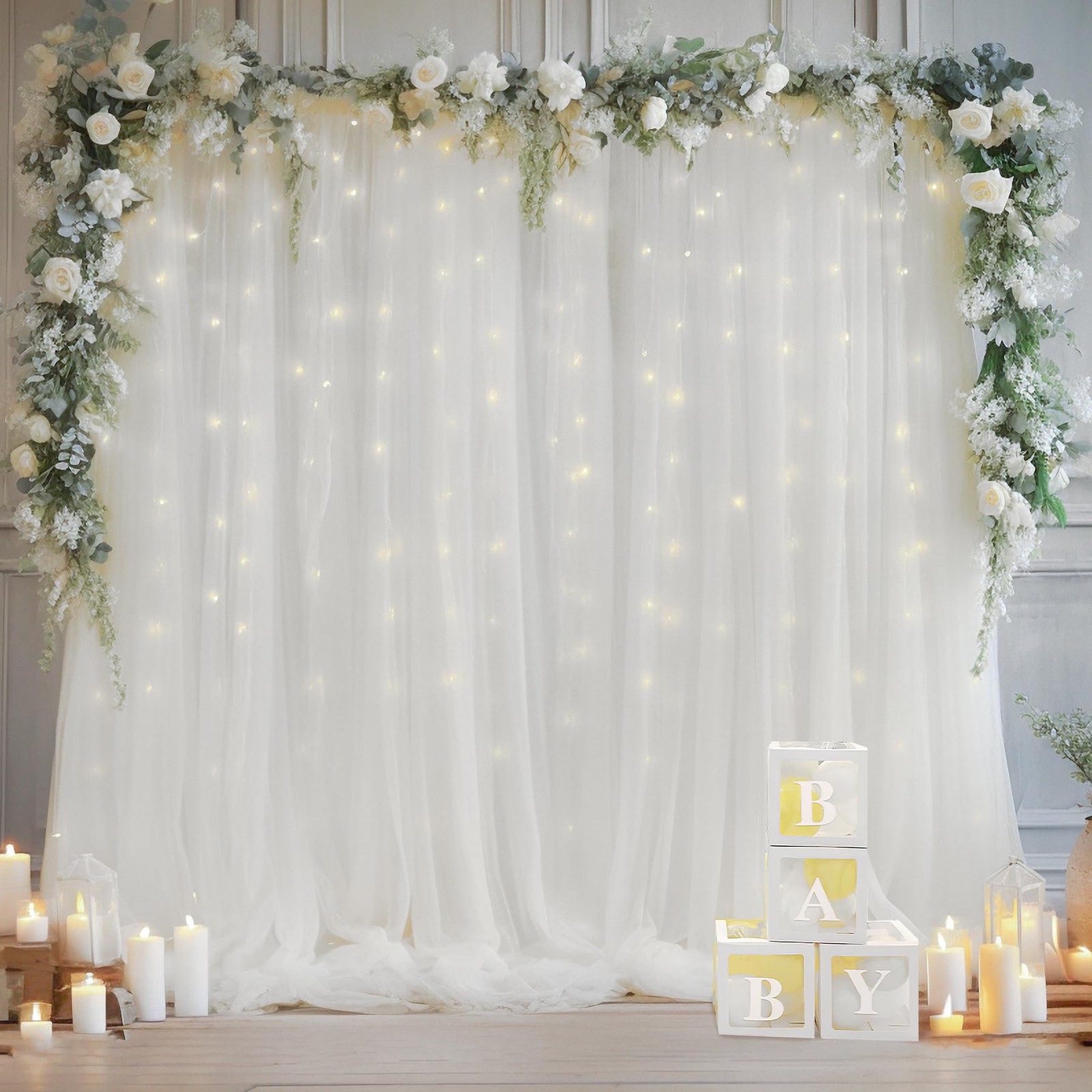 White Tulle Sheer Curtain Backdrop With String Lights Wedding Party 10×10 FT