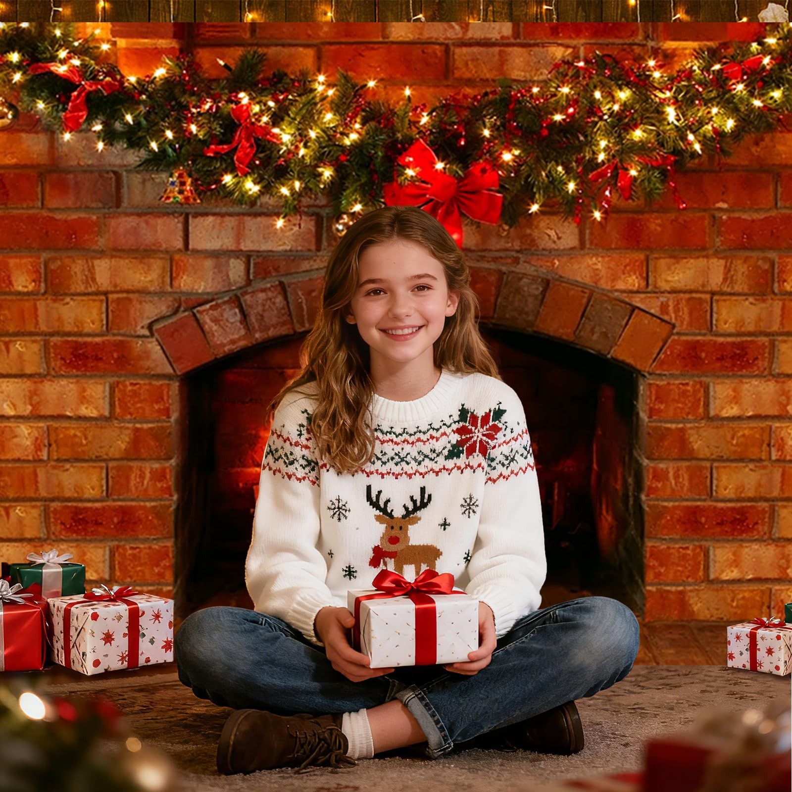 Mocsicka Christmas Fireplace Photography Backdrop Red Brick 7x5ft,
