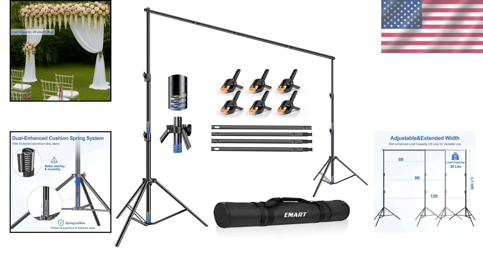 Adjustable Photo Video Backdrop Stand 10 x 12ft Black Aluminum Support System