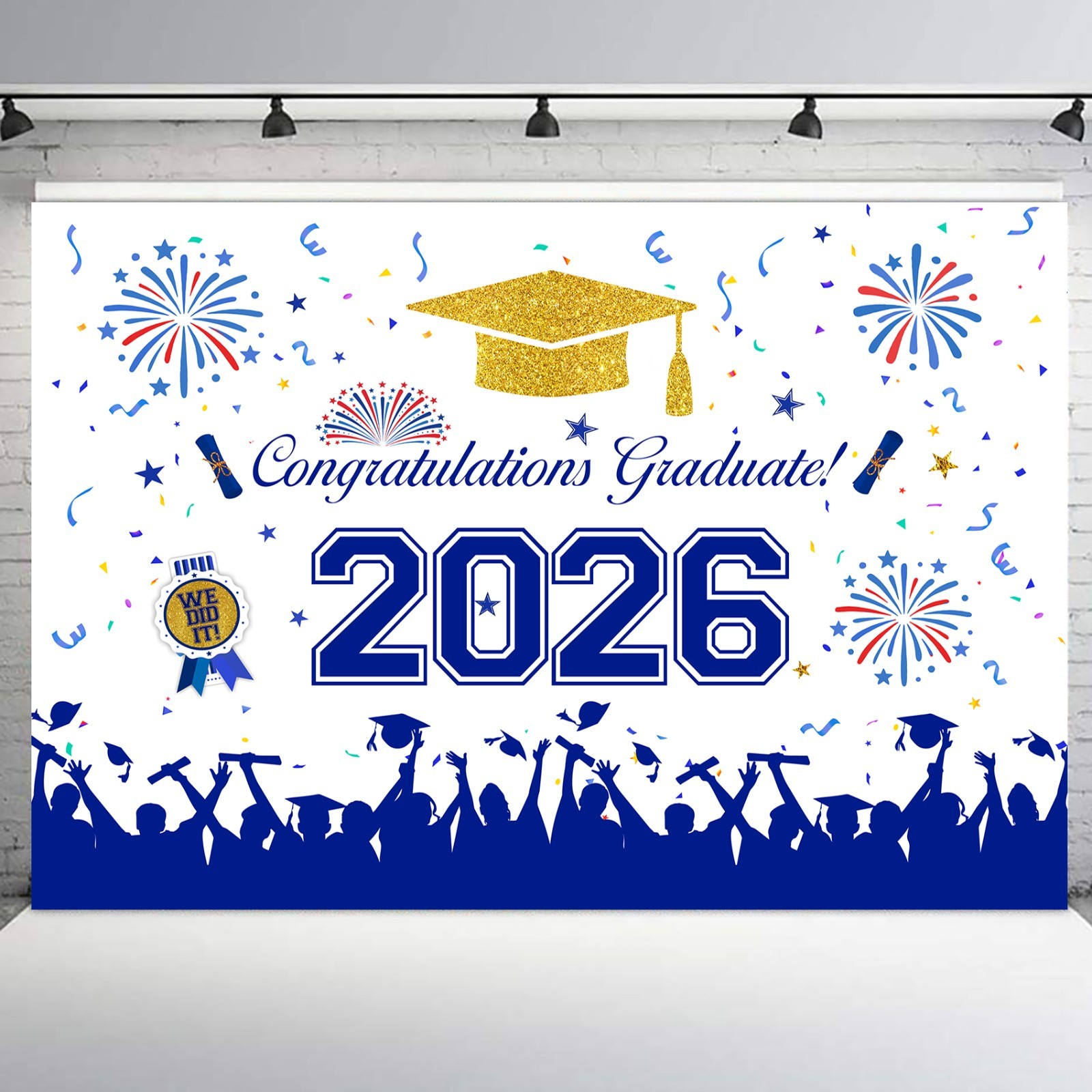 10x8ft Graduation 2026 Backdrop Banner Blue Gold Congrats Grad Photo Background