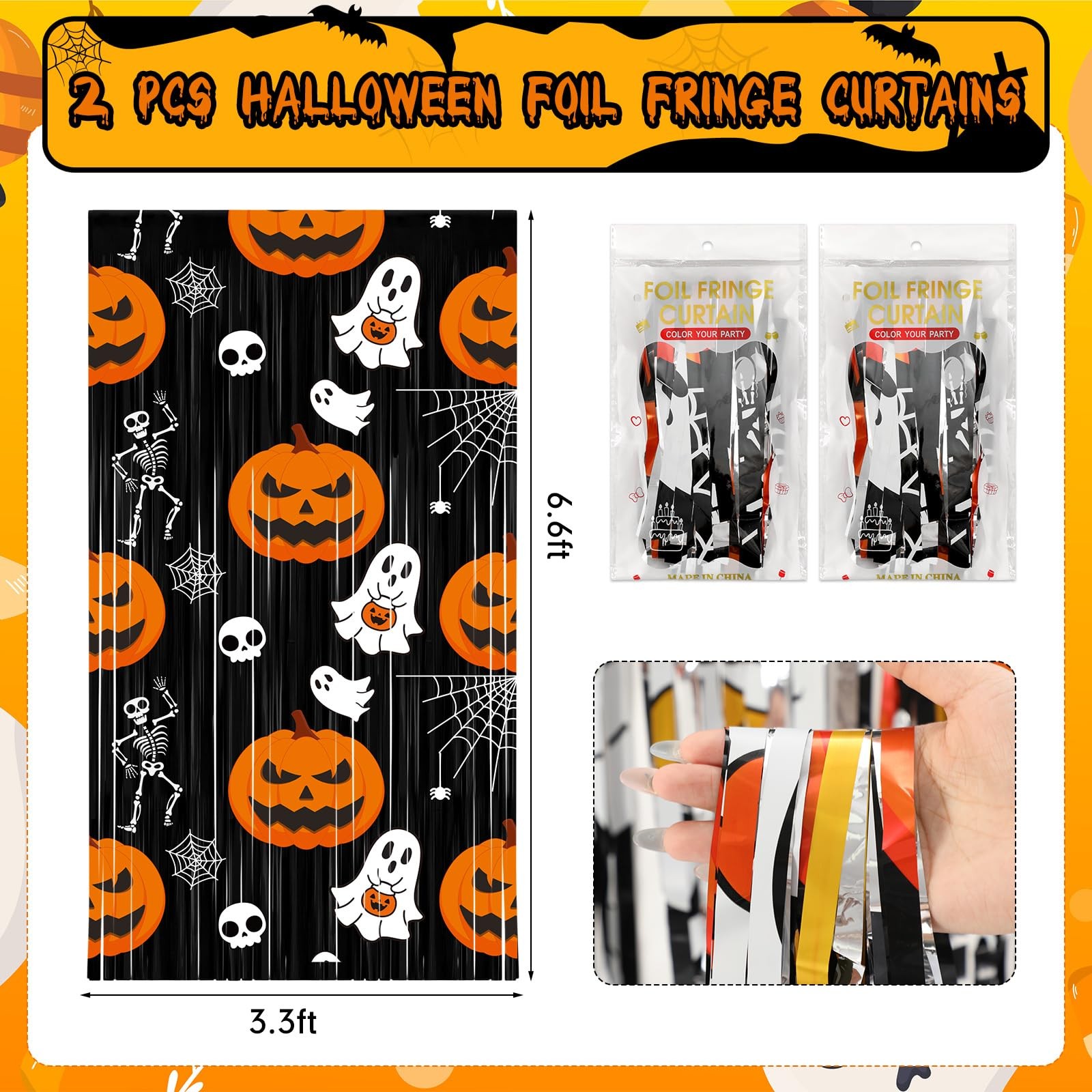 2 Pack Halloween Foil Fringe Curtains Black Orange Tinsel Photo Backdrop