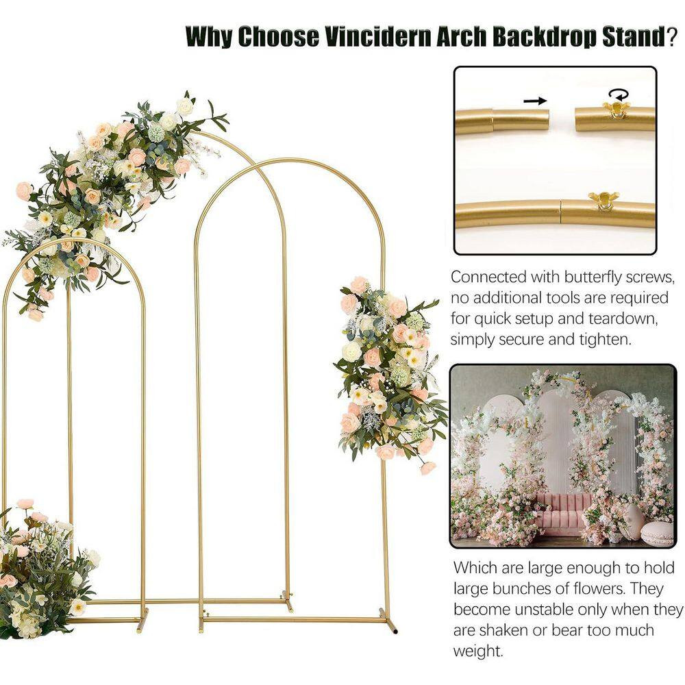 Metal Arch Backdrop Stand Set of 3 Light Gold 6.6 Ft. 5.9 Ft. 4.9 Ft. for Weddin