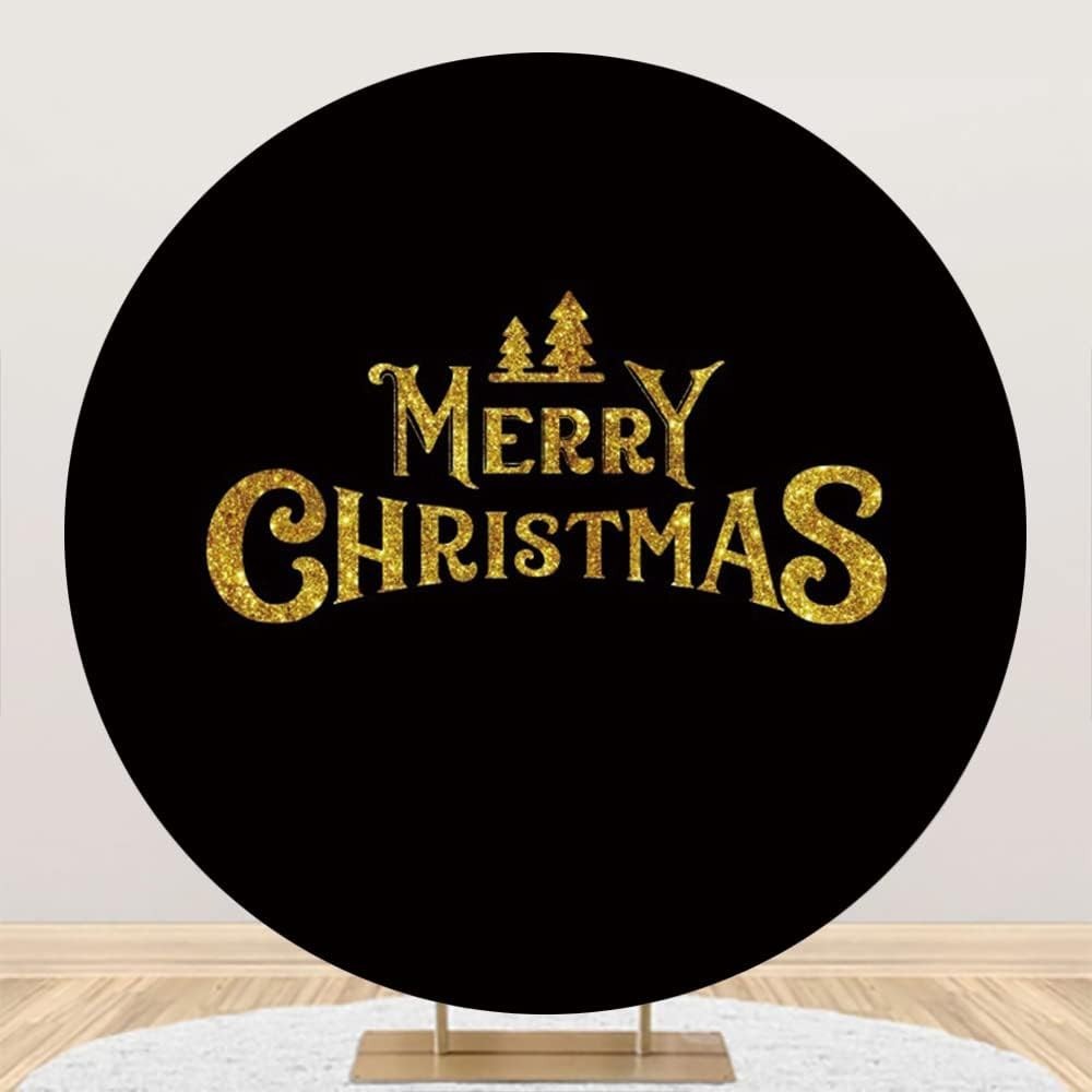 🔥7.5×7.5ft Merry Christmas Round Backdrop Cover Gold Christmas Trees Black Gold