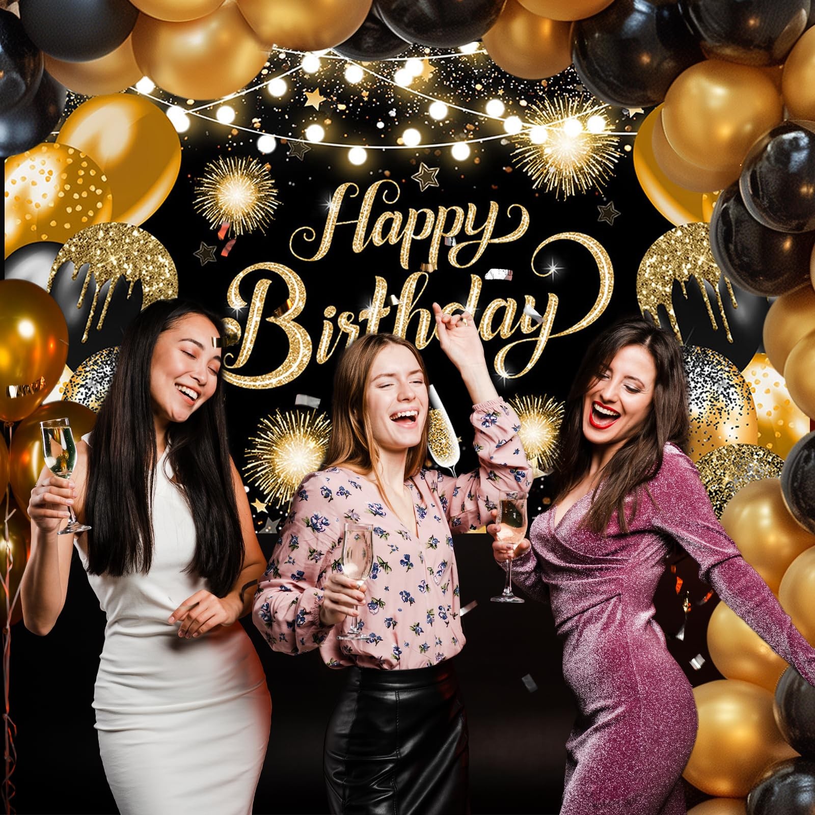 Happy Birthday Banner Glitter Black Gold Happy Birthday Backdrop Photo Backgr…