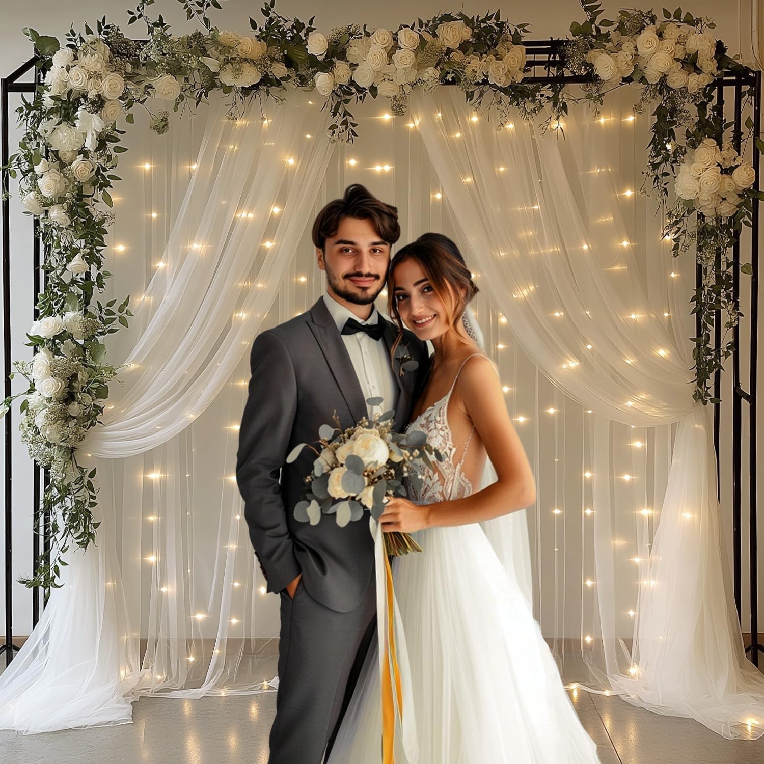EMHOLDBU 10x10ft White Tulle Backdrop Curtain with Lights String Sheer Drapes