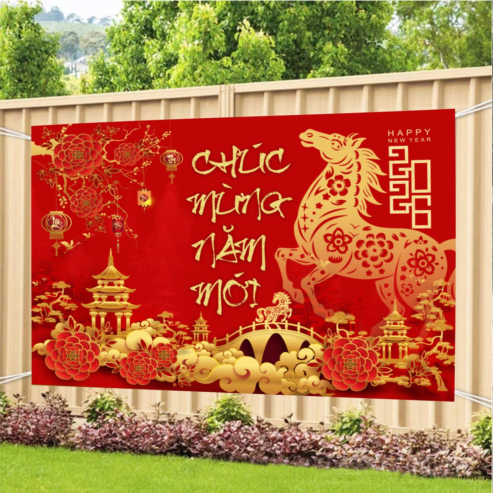 IRCOR TET Decorations 2026 Vietnamese New Year Backdrop with 12 Red 5′ x 7′