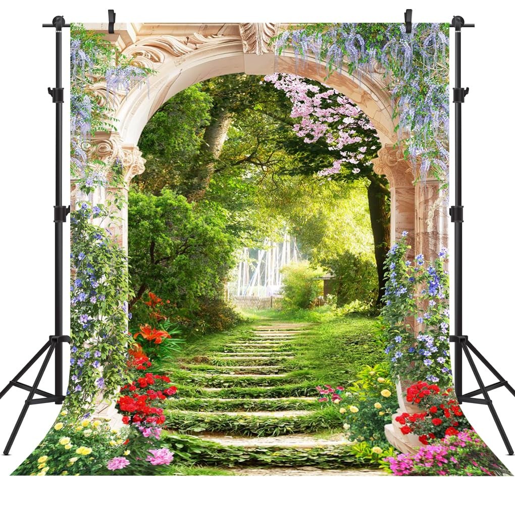 3×5 Foot Beautiful Garden Backdrop Spring Blooming Floral Stone Arch Nature