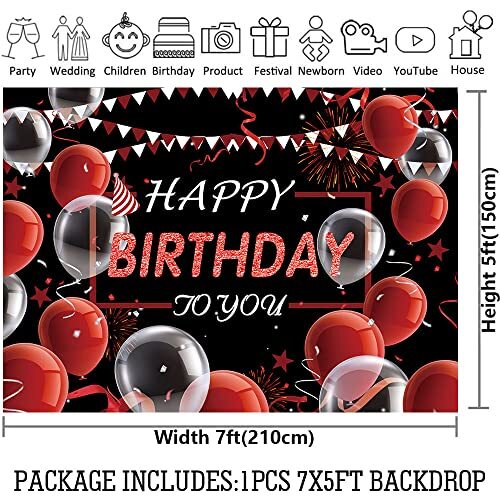 7X5ft White Red and Black Happy Birthday Photography Backdrop Balloon 7x5ft