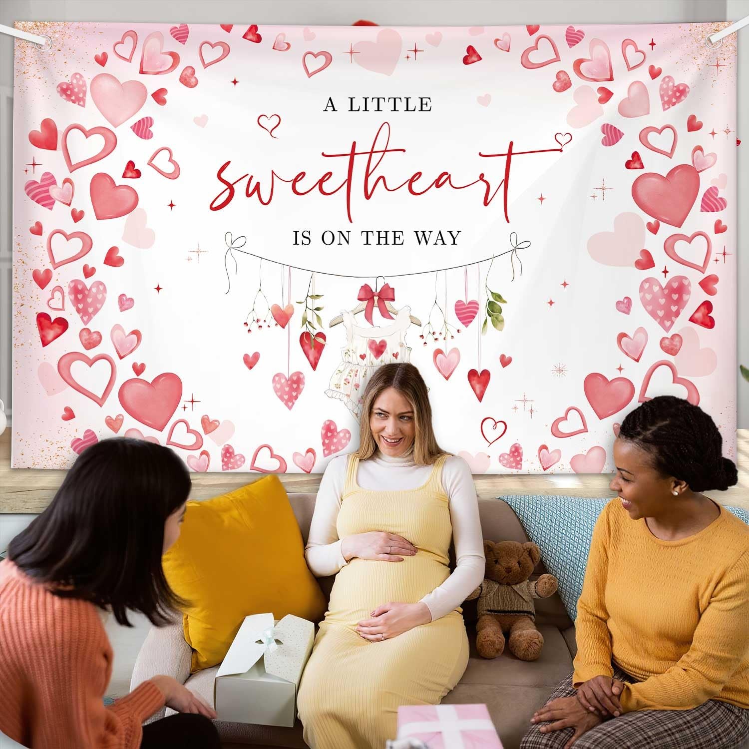 Sweetheart Baby Shower Backdrop Girl Red Hearts Photography 6×3.6 Feet