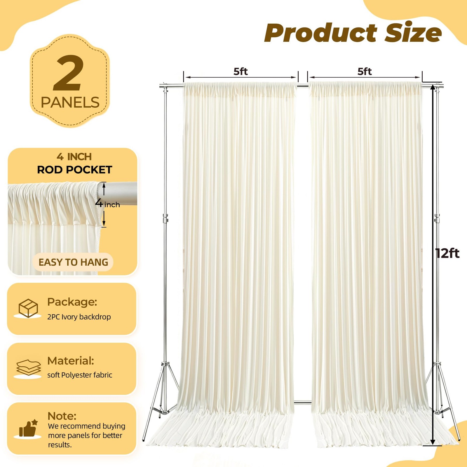 2 PCS 5x12ft Ivory Backdrop Curtain Wrinkle Free Polyester Photo Background