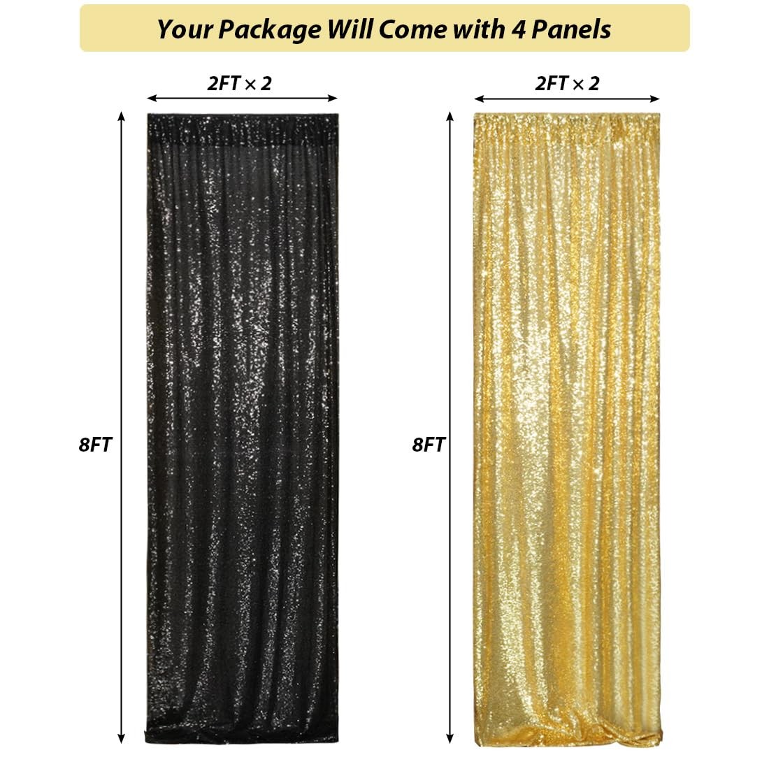 4 PCS 2×8 Ft Black Gold Sequin Backdrop Curtain Glitter Party Decor