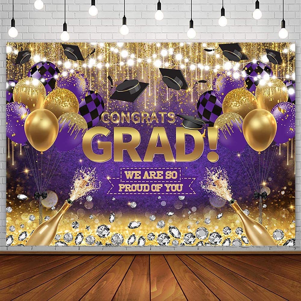 7x5ft Congrats Grad Backdrop Purple Gold Glitter Diamond Graduation Photography