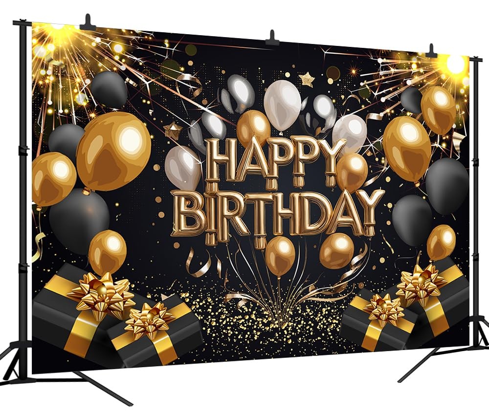 DePhoto 7x5Ft Black Gold Happy Birthday Backdrop Gold and Black Glitter Balloon